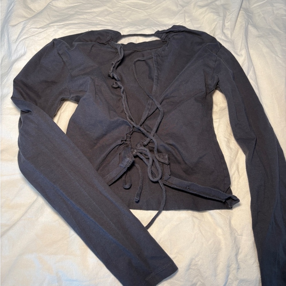 Motel Rocks Charcoal Long Sleeve Tie-back Top